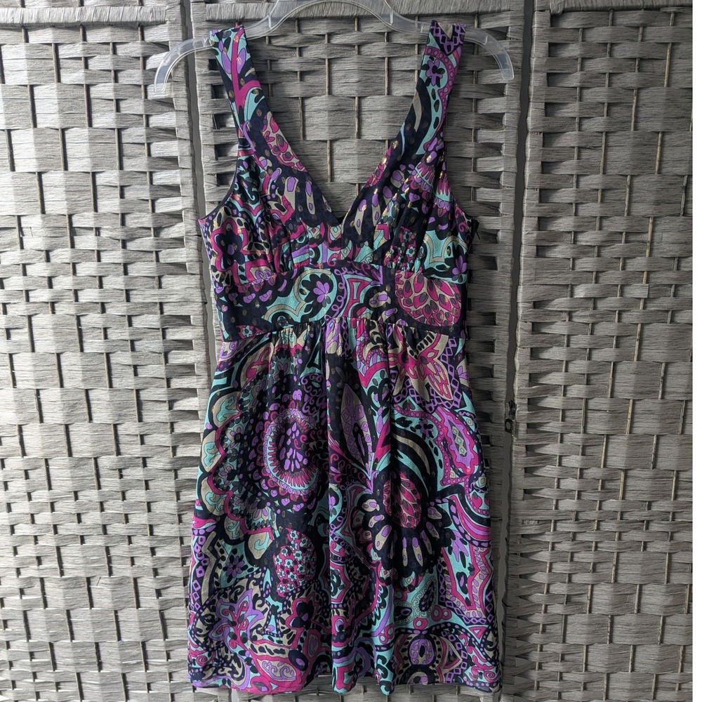 Anthro Tibi Mini Dress Multicolor Silk Lurex Metallic V-Neck Sz 2 Designer